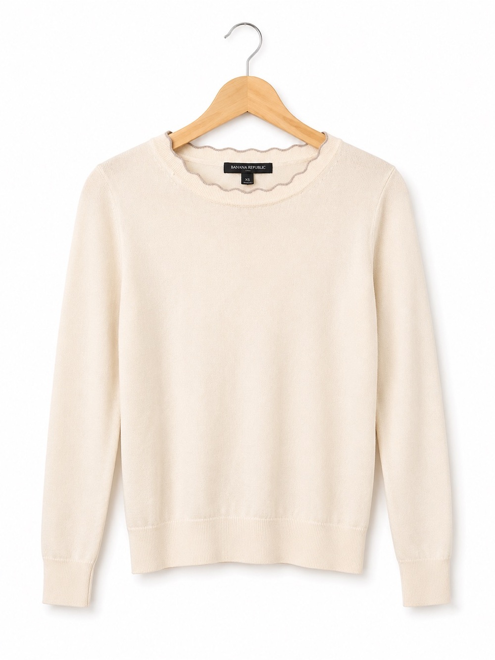 Banana Republic Ivory Scallop Trim Crewneck Sweater XS Soft Knit Classic - Picture 2 of 6